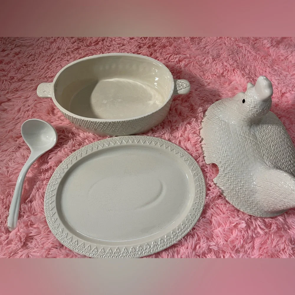 Whittier Pottery Chicken Large Soup Serving Tureen Platter Ladle Vintage Rare
